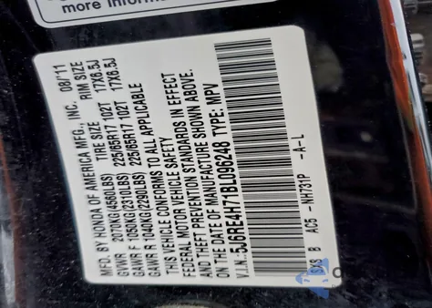 2011 Honda Cr-V Exl from USA, damaged, VIN 5J6RE4H71BL096248